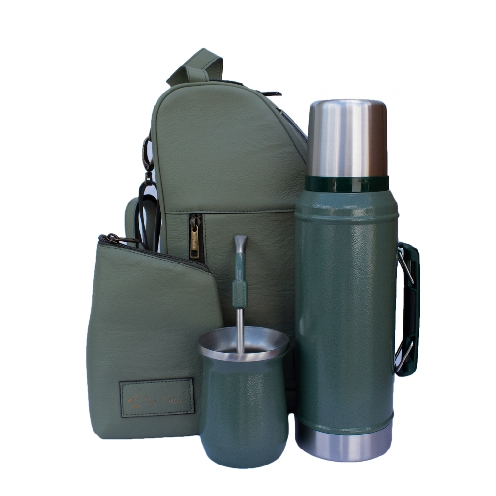 Kit de Mate Verde con Matera Buenos Aires 1 L, Porta Yerba, Bombilla Resorte y Termo Térmico 0,95 L