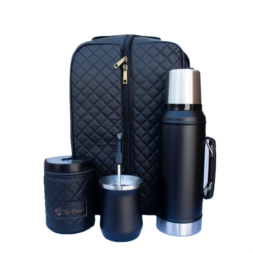 Kit de Mate Negro con Matera Bipartida de Cuero, Bombilla Pico Cuchara, Termo Térmico 0,95 L y Porta Yerba