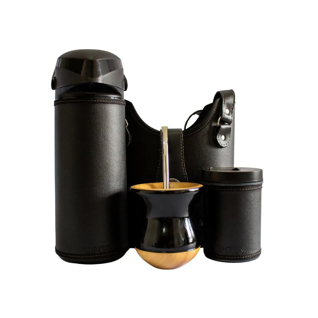 Kit Completo de Mate Negro: Matera, Termo y Porta Yerba Sintético con Mate de Madera