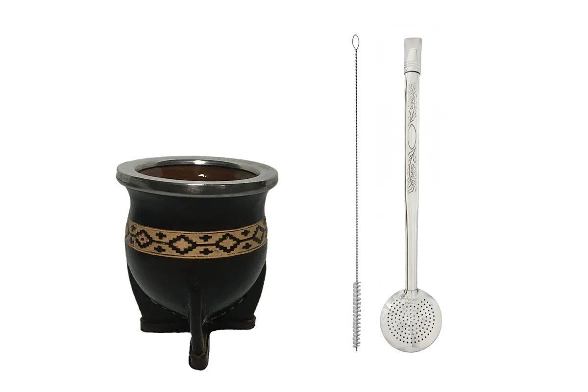 Kit de Mate: Mate Uruguayo de Cerámica Pampa y Bombilla de Acero Inoxidable con Rosca