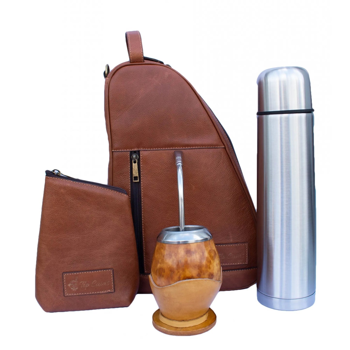 Kit de Mate con Matera Buenos Aires 1 L, Porta Yerba, Bombilla de Acero Inoxidable, Mate Coquinho de Porongo Claro y Termo de 1 Litro