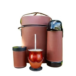 Kit de Mate Color Marrón con Matera, Mate con Boca de Acero Inoxidable, Bombilla de Acero Inoxidable, Termo de 1 L y Porta Yerba