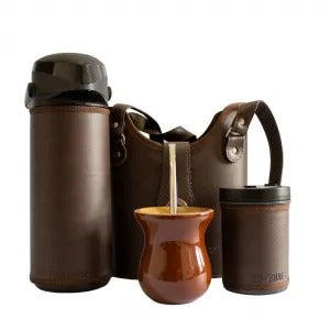 Kit Completo de Mate Marrón: Matera, Termo y Porta Yerba Sintético con Mate de Madera