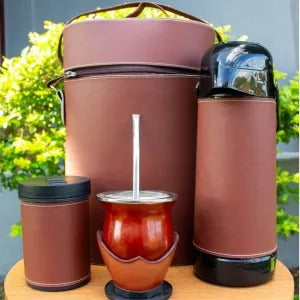 Kit de Mate Color Marrón con Matera, Mate con Boca de Acero Inoxidable, Bombilla de Acero Inoxidable, Termo de 1 L y Porta Yerba