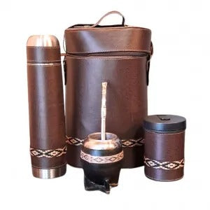 Kit Completo de Mate Uruguayo 1 Litro: Mate Torpedo de Cuero, Bombilla, Matera, Porta Yerba y Termo